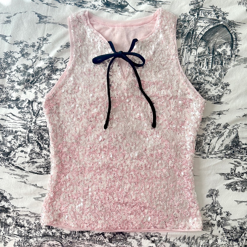 Pink Sequins Cropped Top Full Sequins Luxury Slim… - image 2